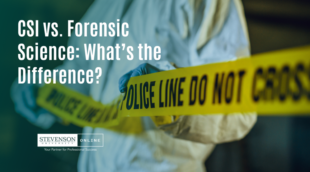 Person in white outfit holding up yellow Police Line Do Not Cross Tape with text saying "CSI vs. Forensic Science What’s the Difference"