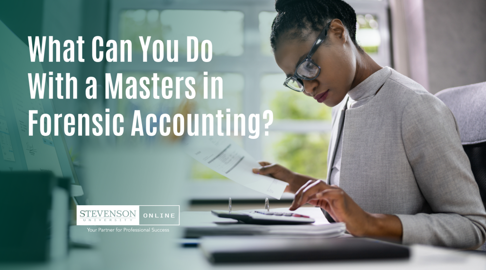 Image of a professionally dressed woman wearing glasses and typing on a calculator with text saying What Can You Do With a Masters in Forensic Accounting?