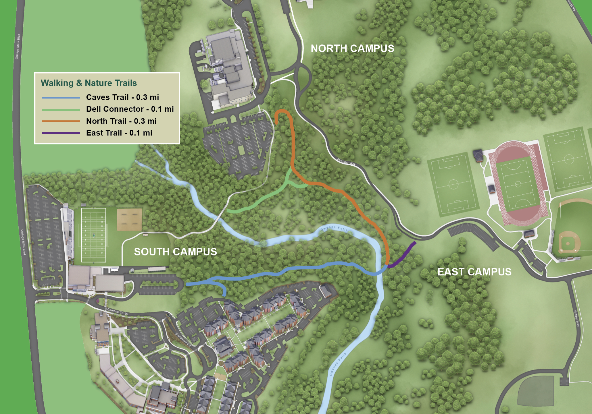 Map of the campus trail system at Stevenson University.