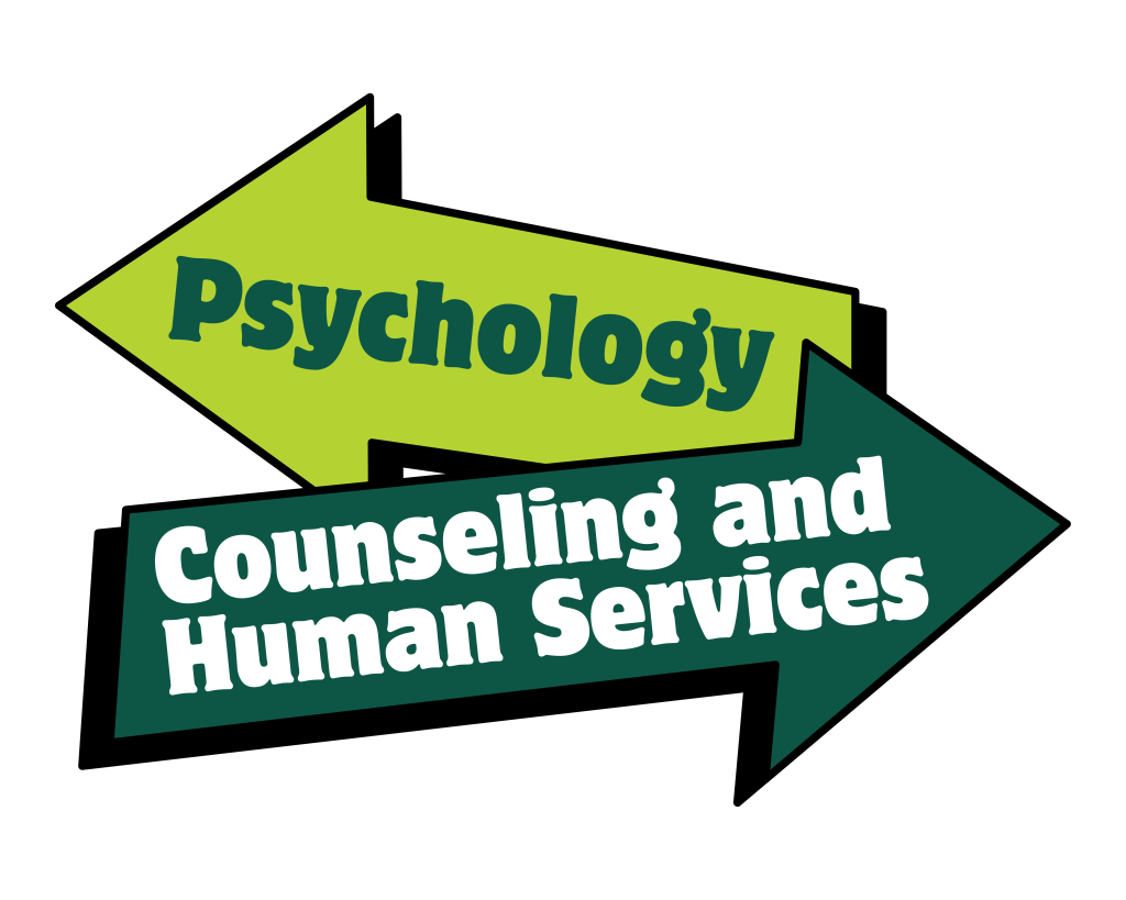 Graphic showing two directional arrows. The top light green arrow points left and is labeled 'Psychology' in green text. The bottom hunter green arrow points right and is labeled 'Counseling and Human Services' in white text