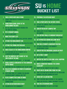 Graphic titled “SU is Home Bucket List” with Stevenson University branding. A green two-column checklist of 50 student activities, including taking photos with campus landmarks, attending athletic events and traditions, joining clubs, studying at the library, participating in leadership and cultural events, networking with alumni, volunteering, internships, campus food experiences, trips, and making memories at Stevenson University.